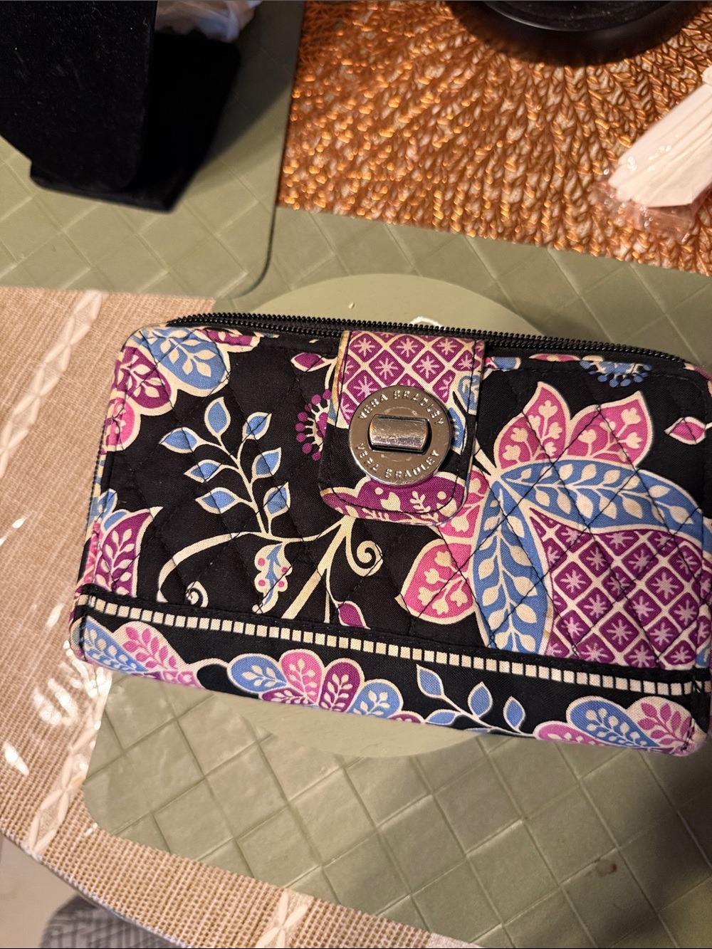 Vera Bradley Black Floral Quilted Zip Wallet with Pink & Blue Accents